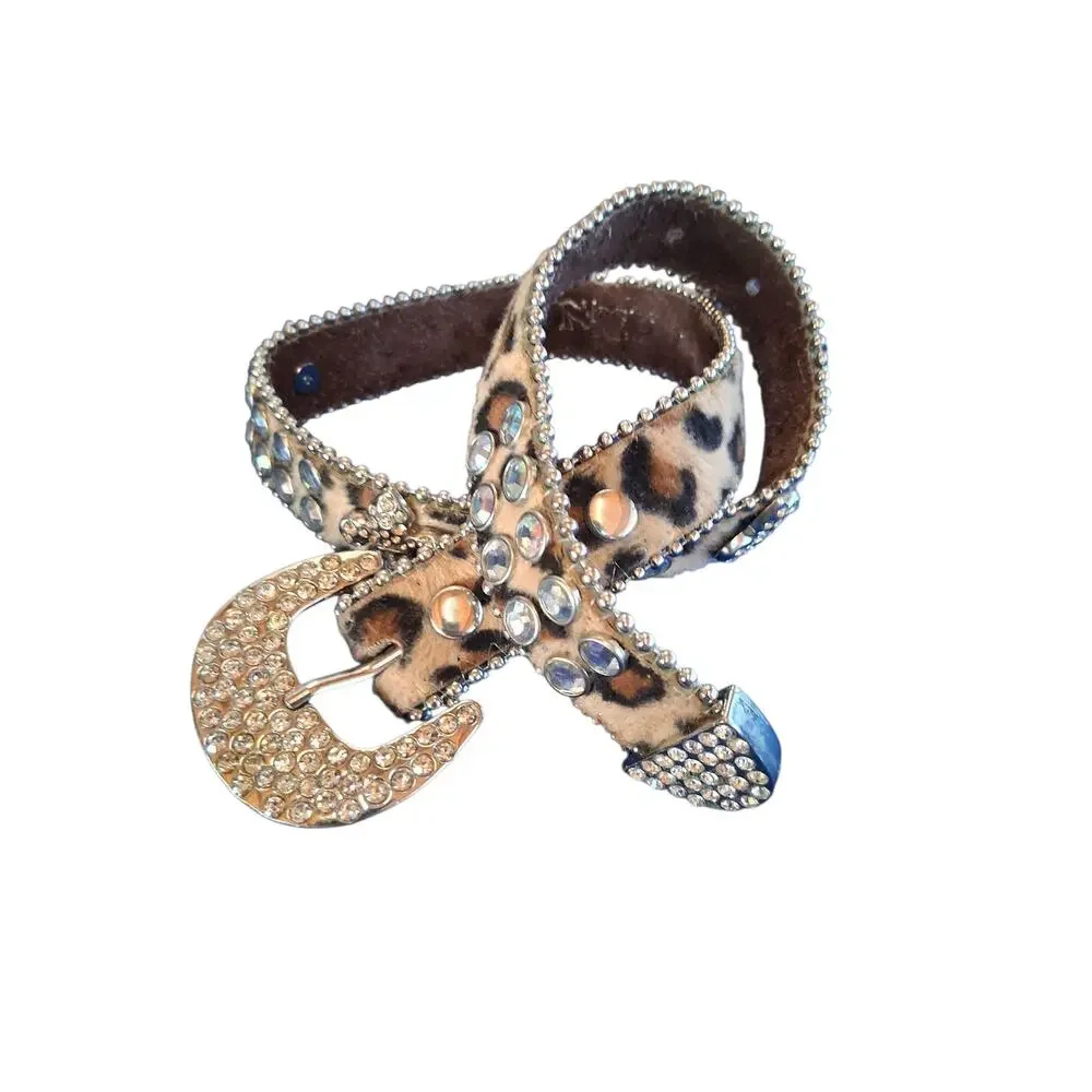 Nacona Leather Girls size 22 Western Rhinestone Bling Leopard Print Cowgirl Belt